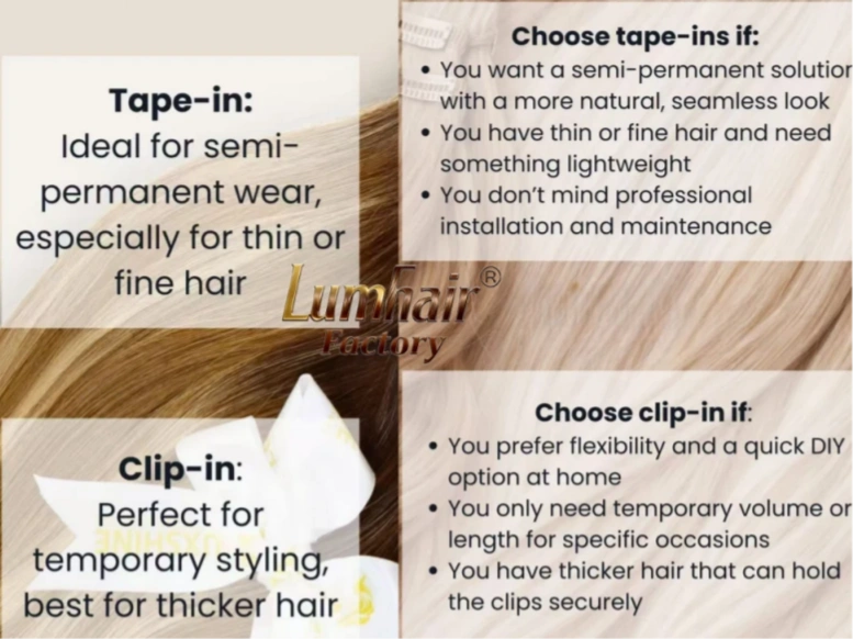 Extensions de cheveux à ruban adhésif ou à clips ou trame nouée à la main